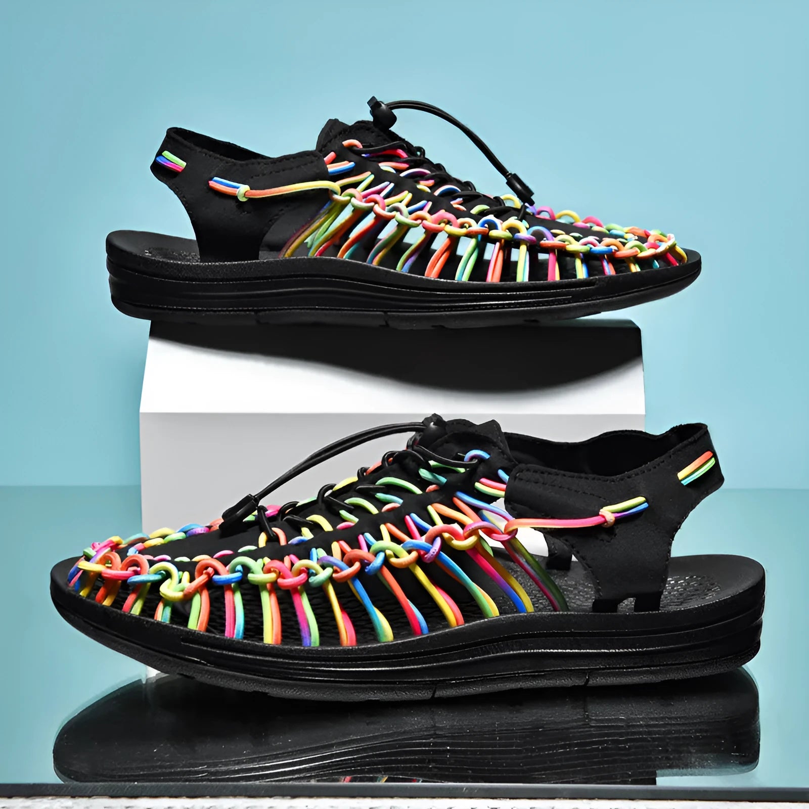 Woven elastic tie sandals with rubber soles in rainbow colour options
