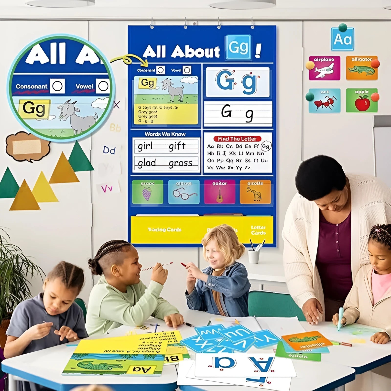 Silicone alphabet learning sleeve chart with word and letter cards laid out, measuring 60x40 cm.