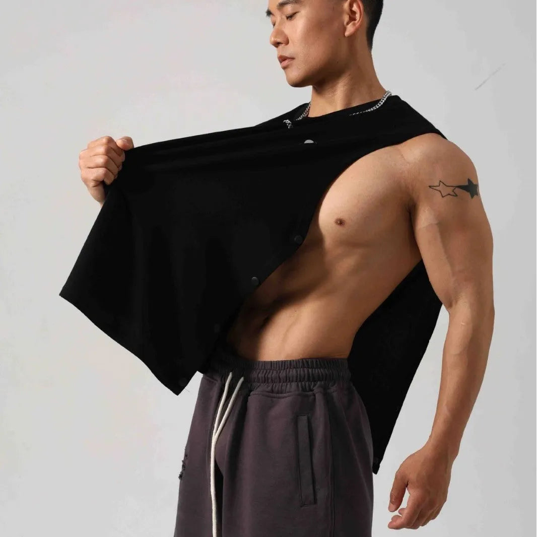 Men's loose black cotton fitness vest showing hidden hook side opening detail.
