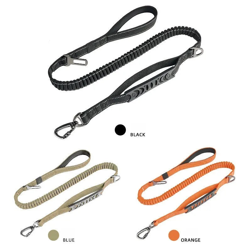 Retractable dog lead with reflective belt and rope buffer grip in black, orange, or khaki