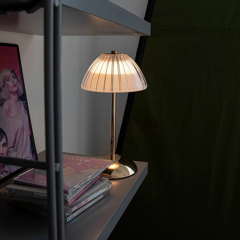 Retro crystal bedside table lamp with iron and PMMA body, touch dimming, 11.8cm x 28cm, USB rechargeable.