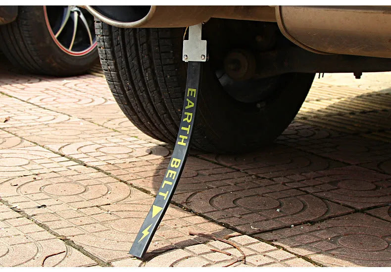 Black car electrostatic belt with a coiled copper wire grounding chain, measuring 370 mm in length.