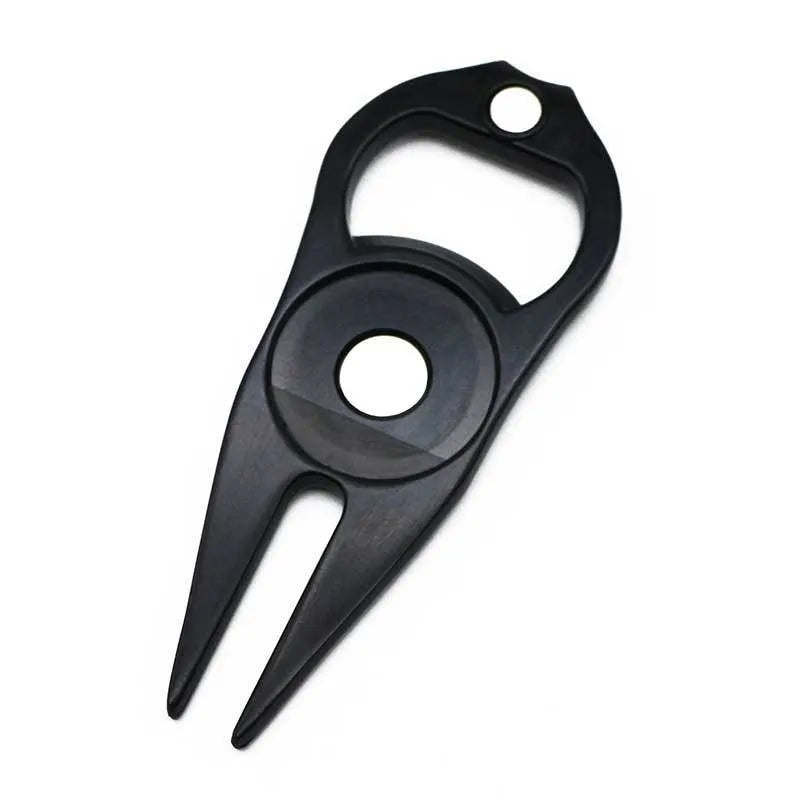 Zinc alloy metal golf ball fork and bottle opener tool in black, green, and silver colour options.