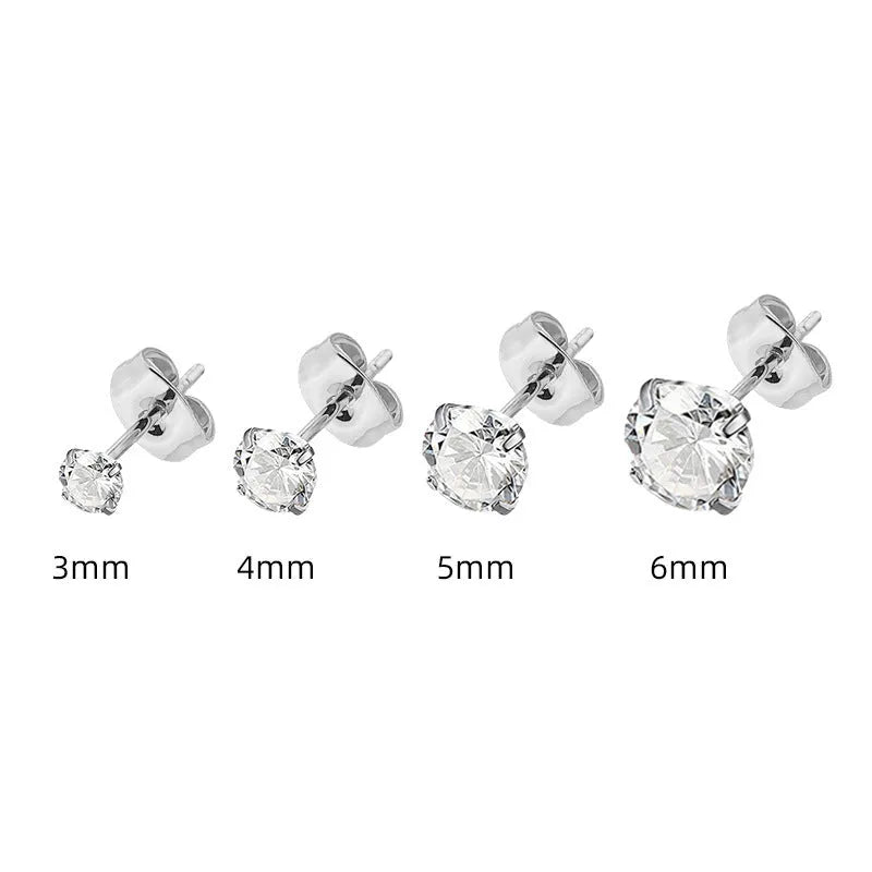 Titanium steel geometric zircon stud earrings with round and square stones in stainless steel construction