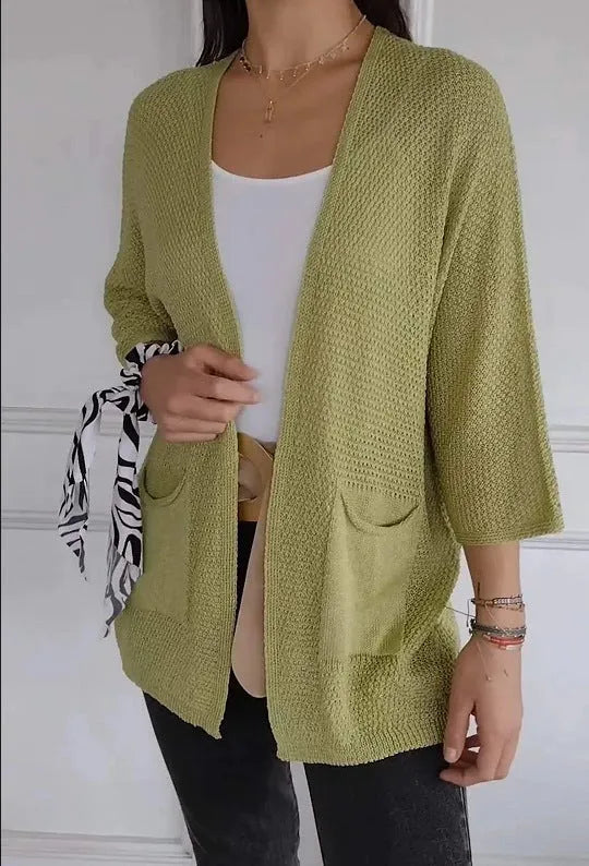 Women's waffle knit cardigan coat with nine-quarter sleeves in army green colour with side pockets