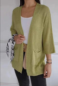 Women's waffle knit cardigan coat with nine-quarter sleeves in army green colour with side pockets