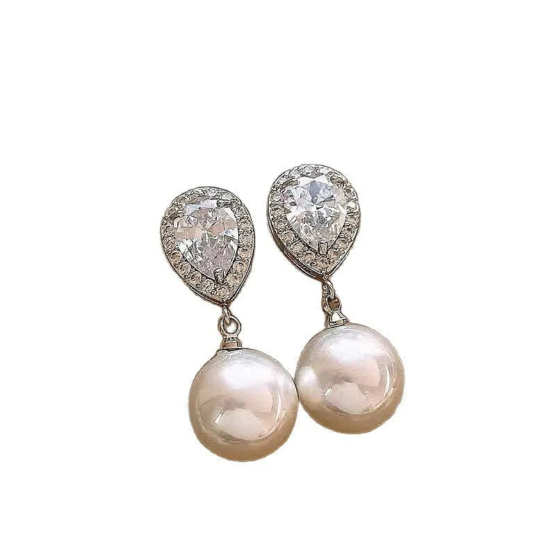 Water drop earrings with full diamond accents and pearl drop, copper alloy, electroplated finish, R0132 colour