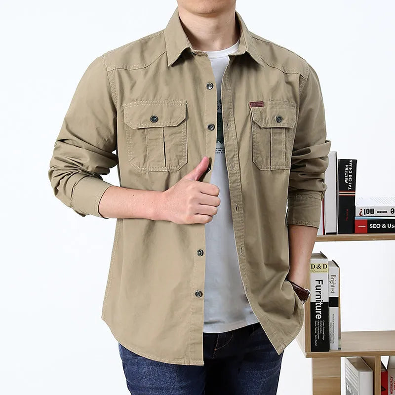 Cotton men's shirt in loose fit long sleeve military style, available in beige and other colours