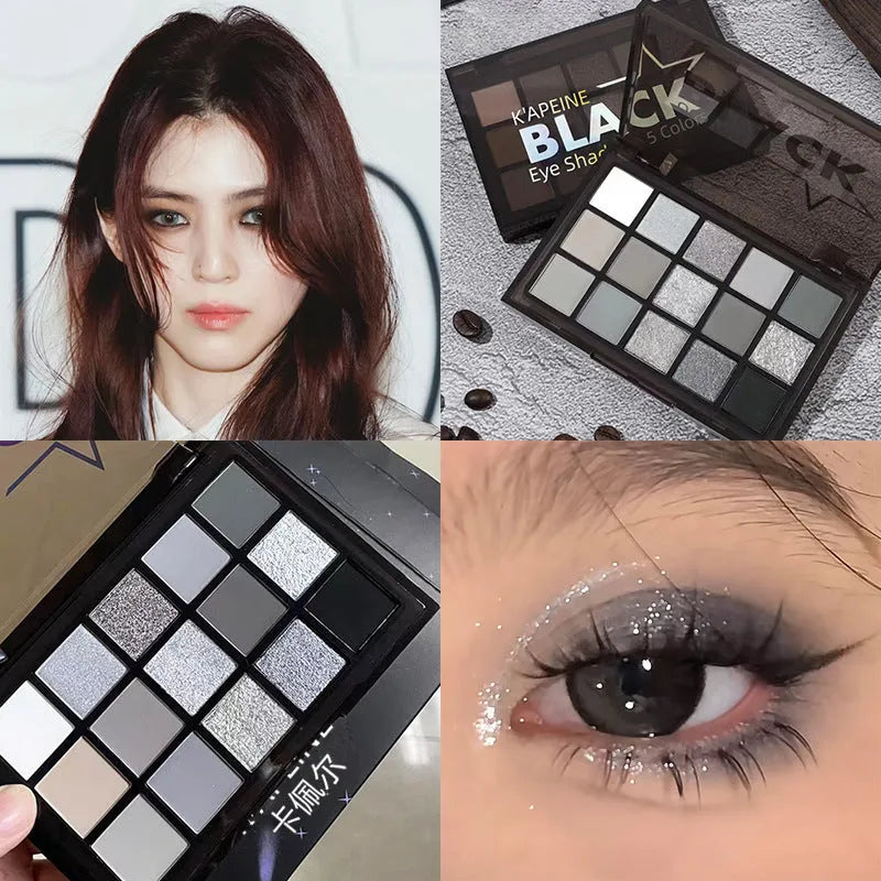 15-colour eyeshadow palette with matte and shimmer pans in grey, black, brown, and blue shades.