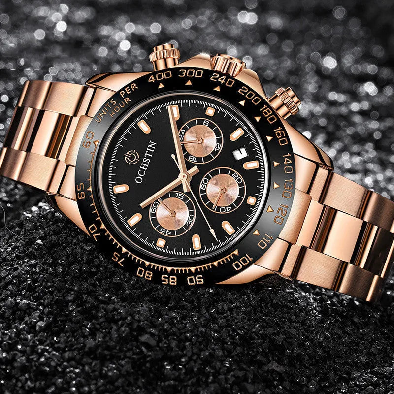 Stainless steel waterproof watch with 43mm case, 22mm strap, multifunction dial, available in rose gold, gold, black, and silver.