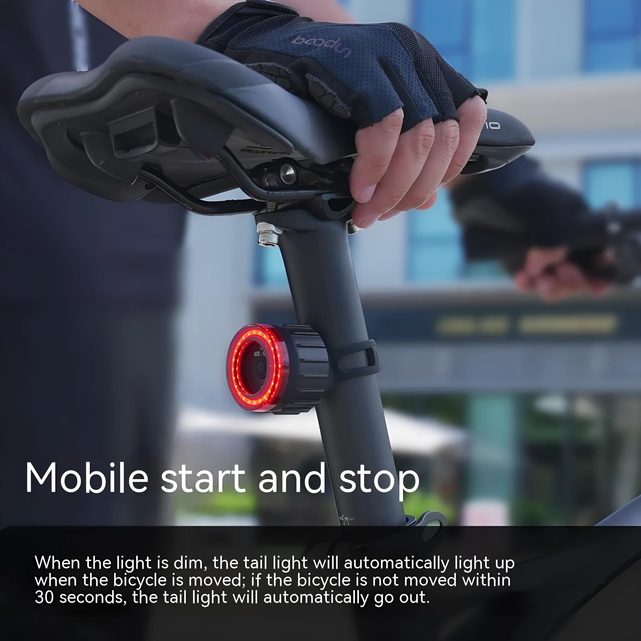 Black intelligent induction brake taillight for bicycles with aluminium alloy construction and two mounting brackets.