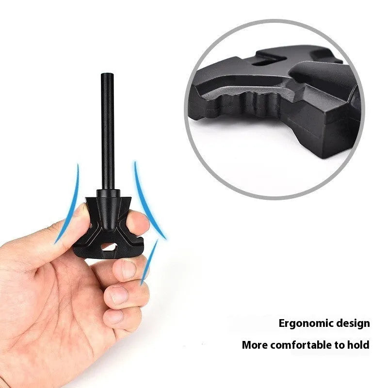 Butterfly-shaped stainless steel fire starter tool with integrated bottle opener.