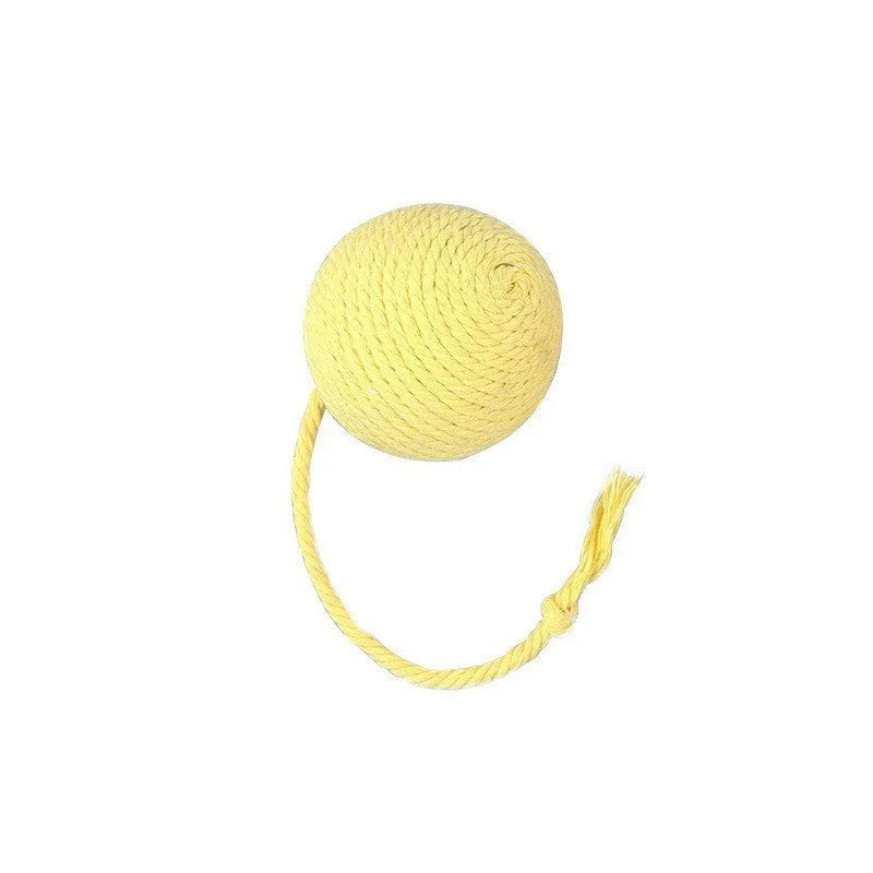 Cat toy ball with rope handle in green, pink, purple or yellow colours with internal bell