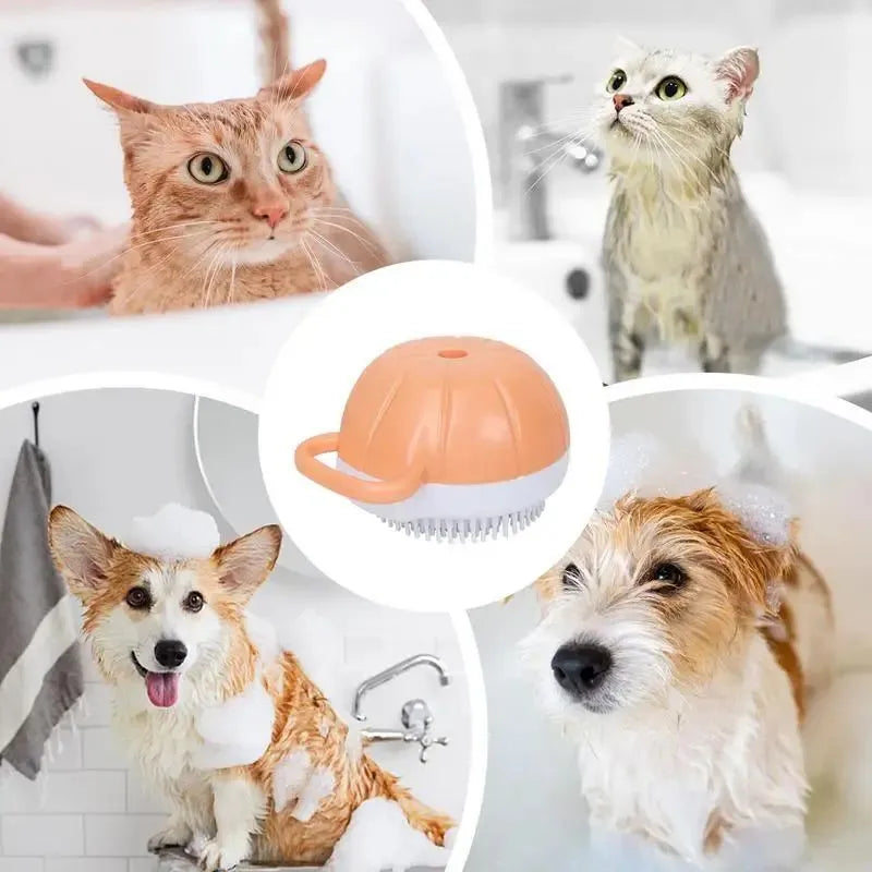 Orange TPR dog bath brush with shampoo dispenser and pumpkin-shaped grip for pet grooming