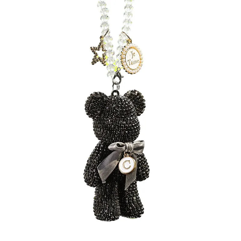Black Violent Bear car rearview mirror pendant with diamond-embedded crystal rhinestones.