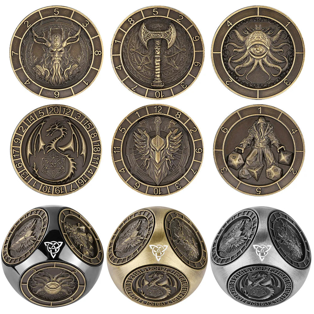 6-pack retro metal dice wheel gift box set in bronze, dark silver, and black zinc alloy with compact 3.5 cm size