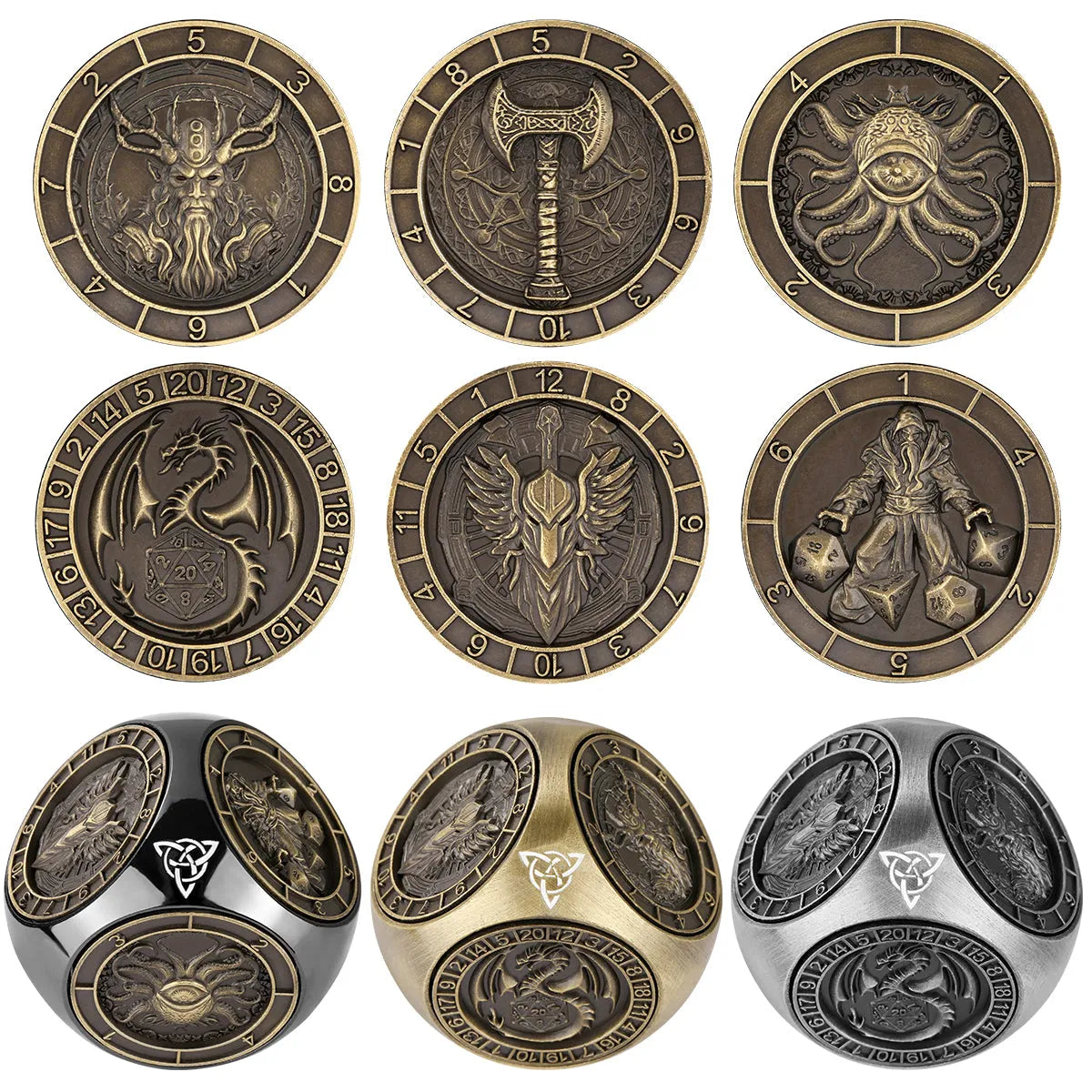 6-pack retro metal dice wheel gift box set in bronze, dark silver, and black zinc alloy with compact 3.5 cm size