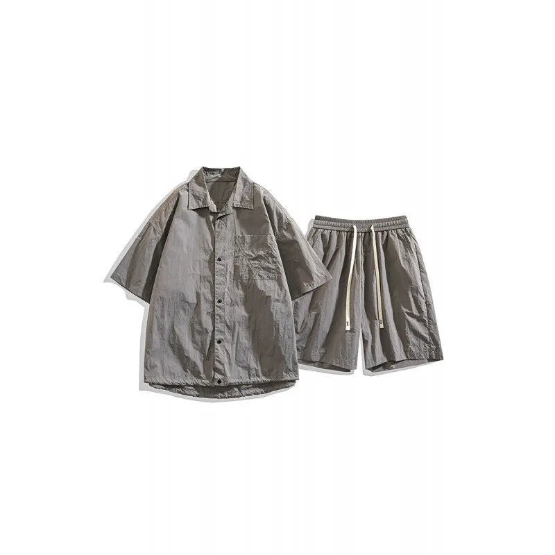 Men's casual two-piece set showing shirt and shorts in nylon blend fabric