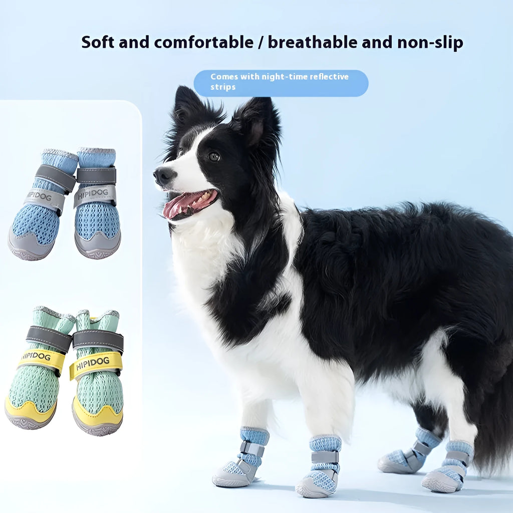 Cartoon-style blue and green dog shoes made from PU material for summer paw protection.