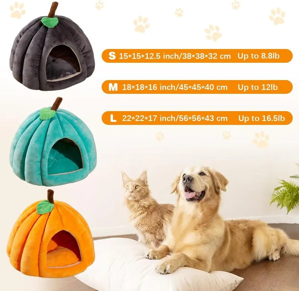 Pumpkin-shaped cat bed cave house with plush interior and anti-slip rubber base