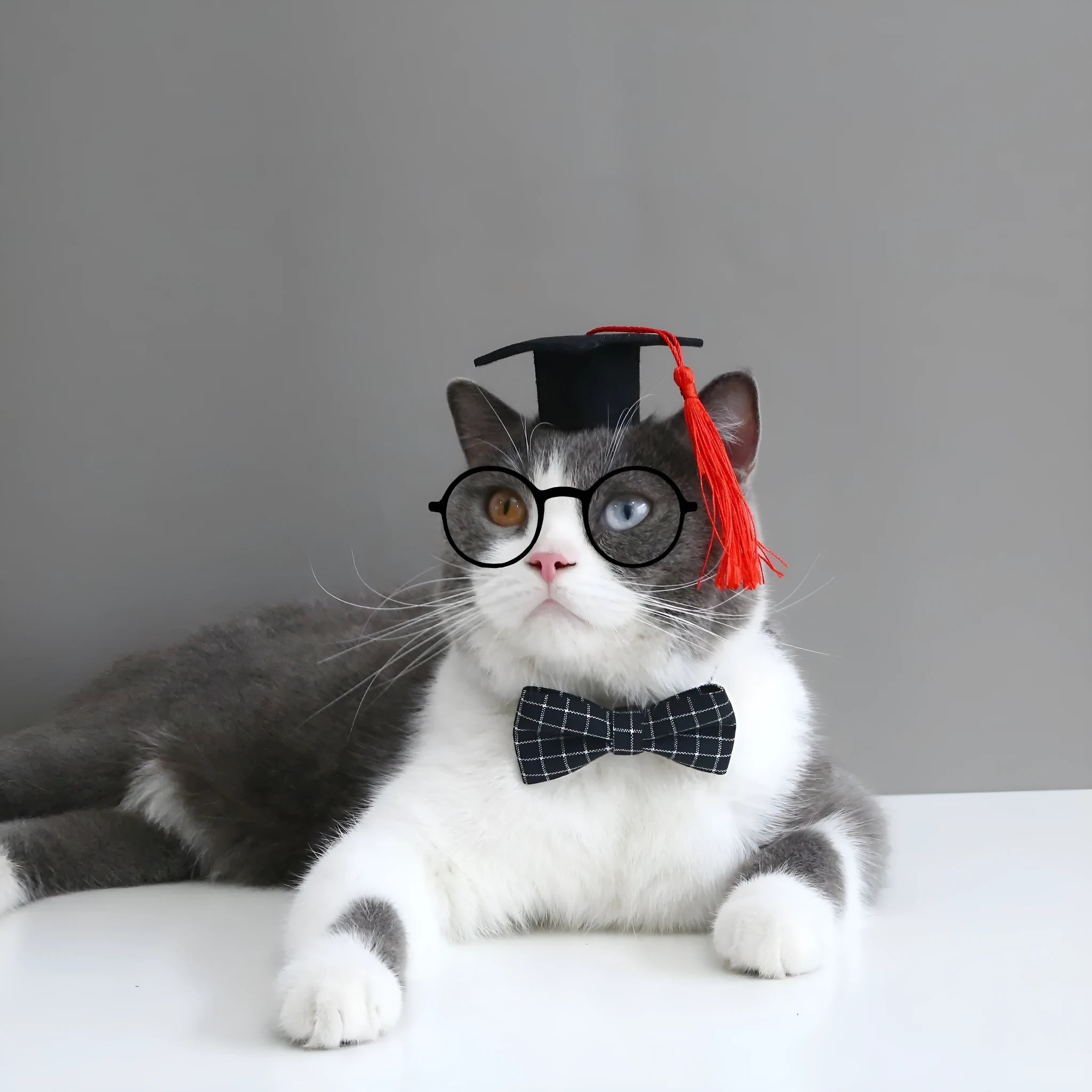 Pet dog wearing a felt cap and matching bow tie in a black plaid design.