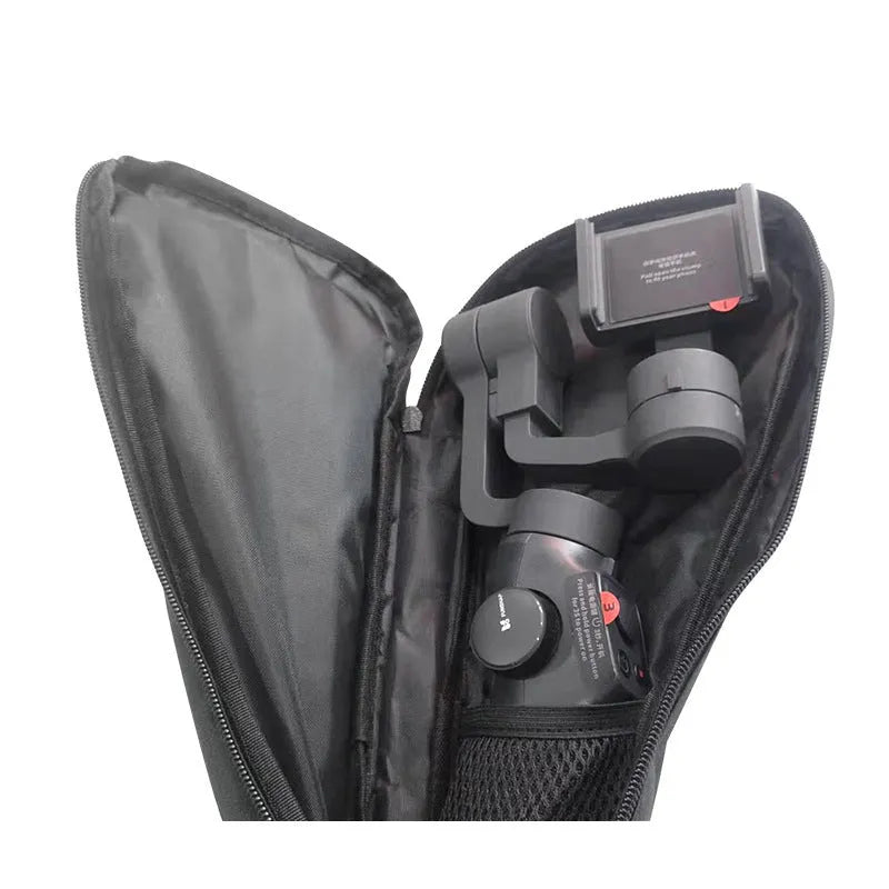 Black cloth storage bag for a mobile phone stabilizer and its accessories.