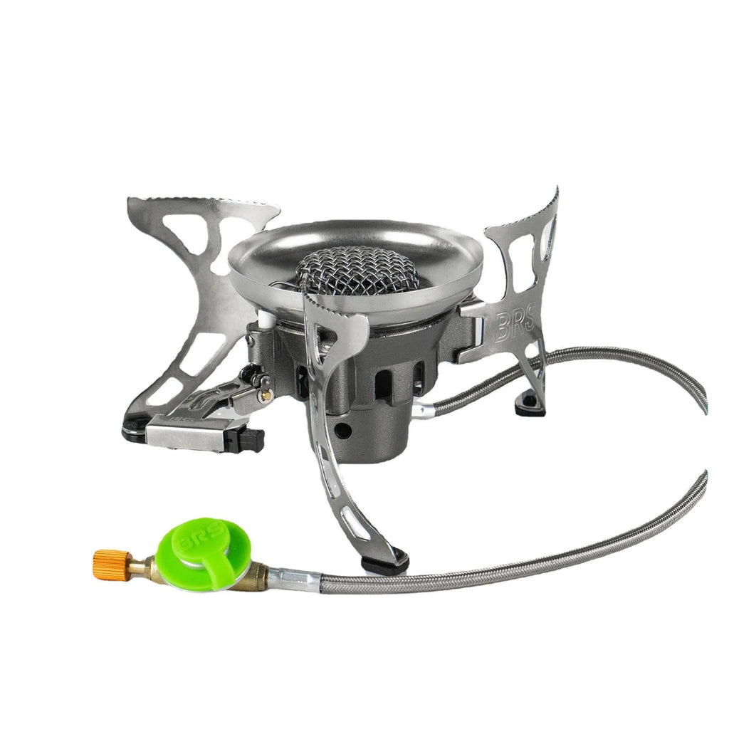 BRS-15 silver windproof camping gas stove, stainless steel and copper alloy, 186x86mm expanded, 313g