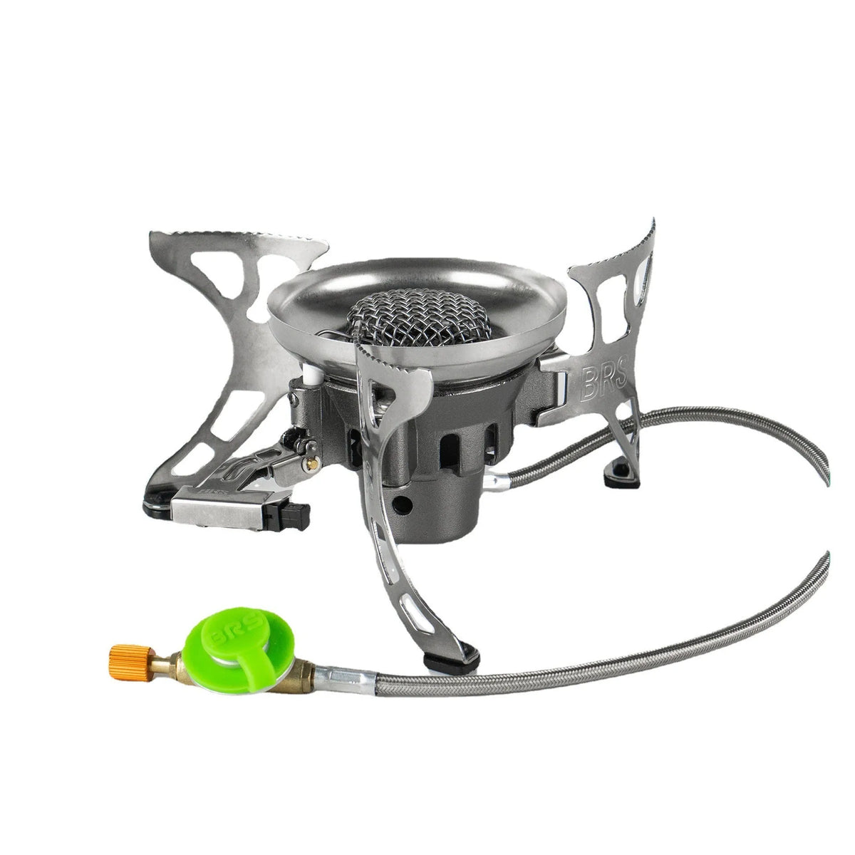 BRS-15 silver windproof camping gas stove, stainless steel and copper alloy, 186x86mm expanded, 313g