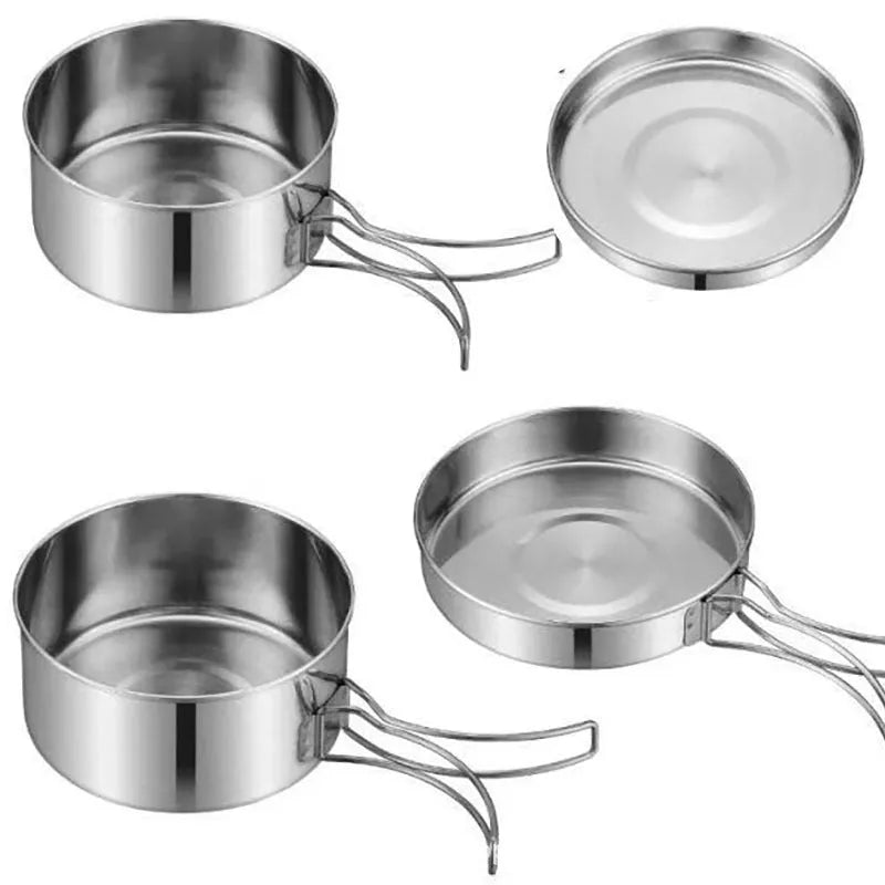 Silver stainless steel outdoor camping cookware pot set with round 4-piece configuration