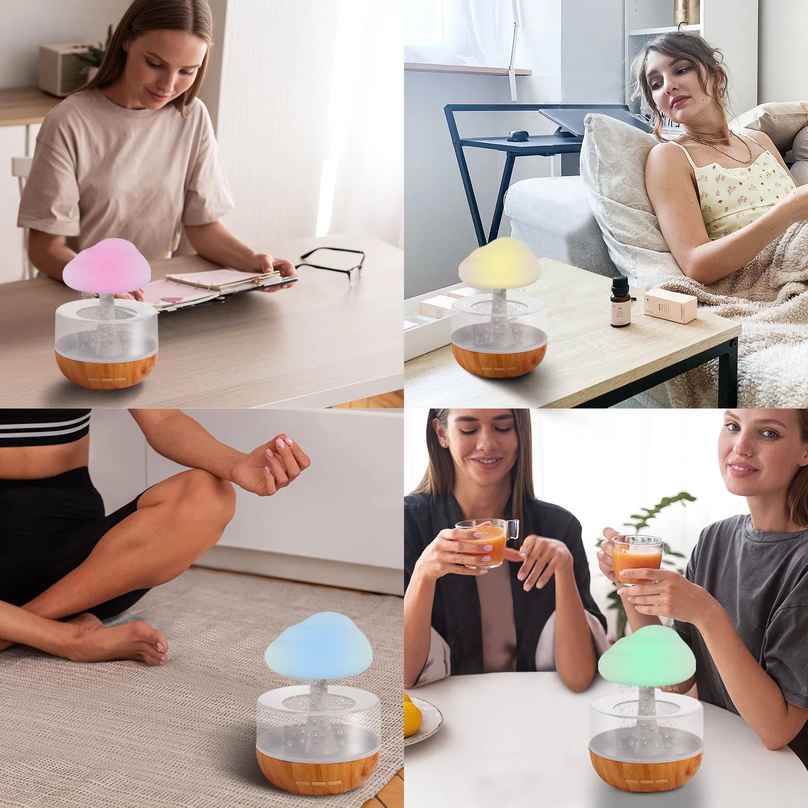 White cloud-shaped ultrasonic humidifier with colourful night light and water droplet flow.