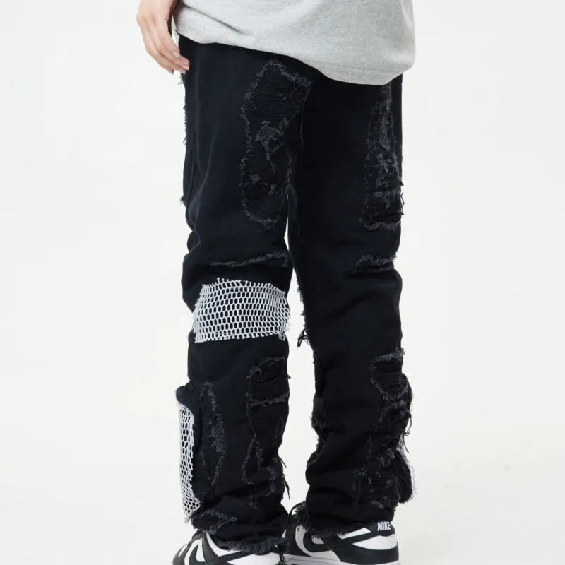 Men's heavy industry hole and patch straight jeans in black or blue, mid waist, cotton, sizes XL 2XL 3XL