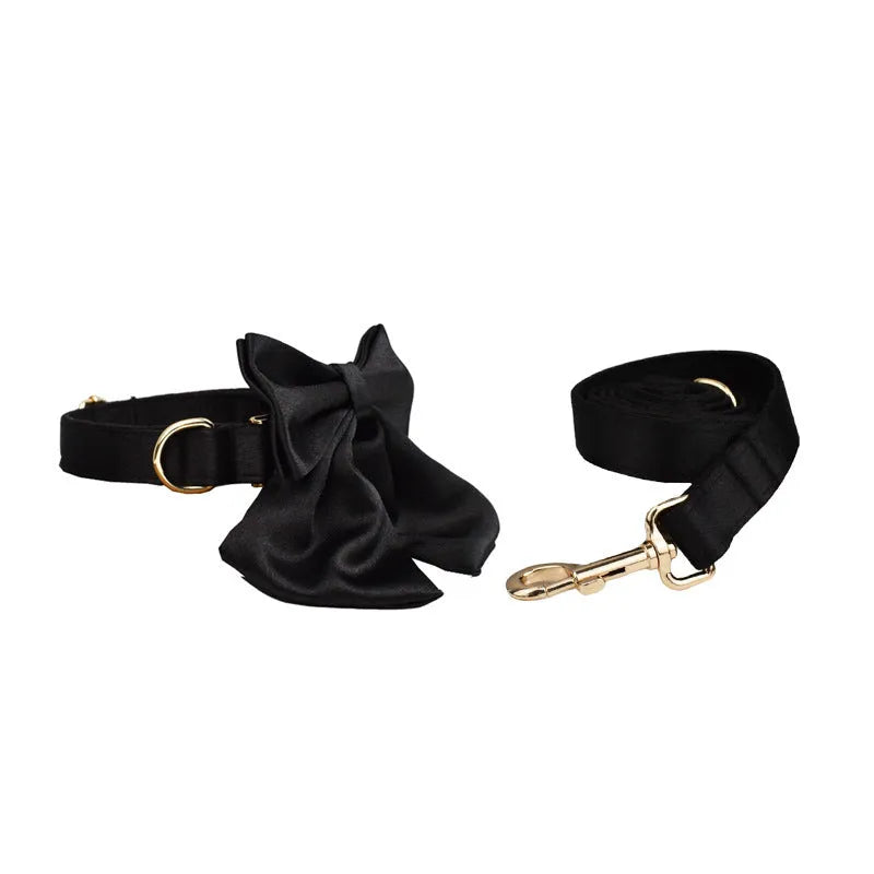 Cloth dog collar and lead set with chest strap harness, bow, and vest in assorted sizes