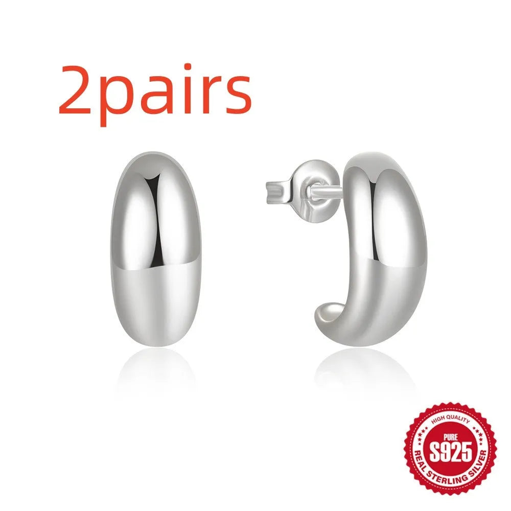 S925 sterling silver C-shaped stud earrings with glossy gold electroplated finish