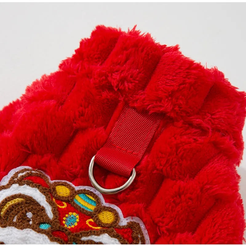 Red Lion Dance Pet Vest with lion dance embroidery and lanterns on small dog
