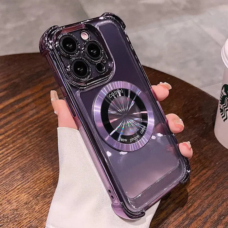 Electroplated magnetic TPU phone case for Apple iPhone 15 in silver gray, showing rear camera cutout and metallic finish