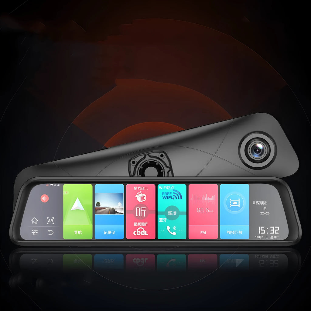 Black 4G car dashboard camera with touch screen, GPS navigation, and wide-angle lens