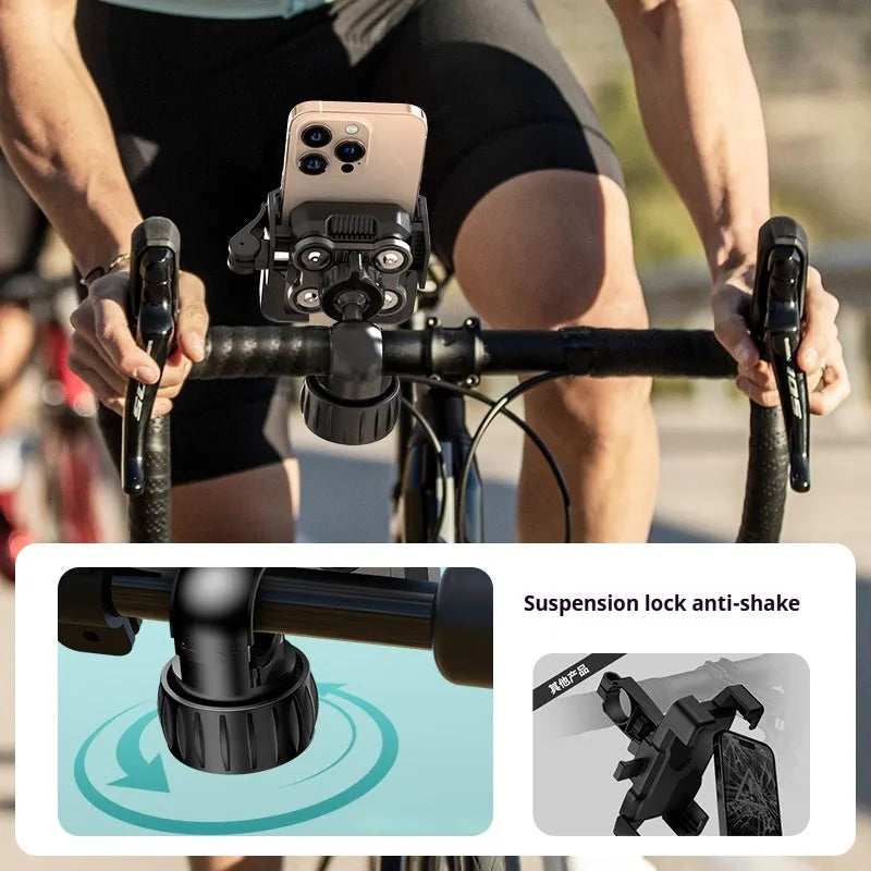 Black aluminium alloy motorcycle phone navigation bracket with shock absorber mounted on handlebars