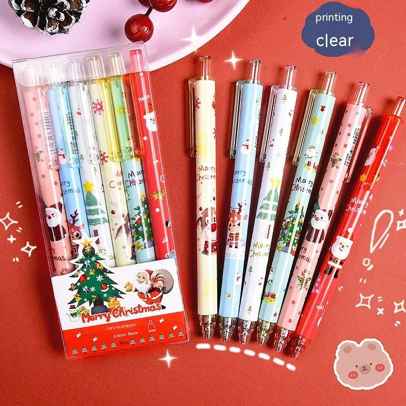 Set of six black ink signature pens with colourful cartoon design on plastic shells.
