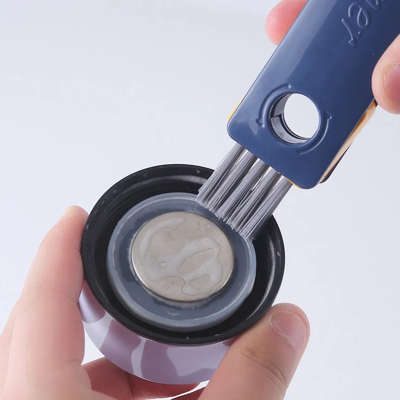 Blue and grey 4-in-1 bottle gap cleaner brush with U-shaped silicone head and multiple cleaning attachments