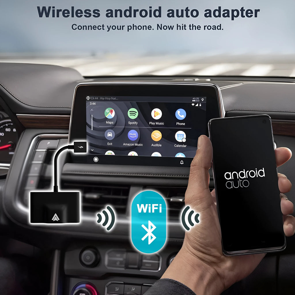 Car wireless Android adaptor for CarPlay systems in black and white colour options.