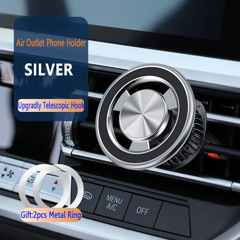 Silver and black car air vent mobile phone holder with magnetic suction mounting bracket