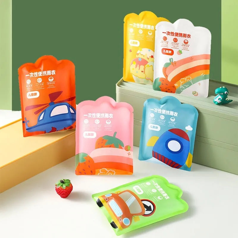Disposable children's long poncho raincoat folded in 13x9cm bag with blue, yellow, orange, pink, green, and white colour options.