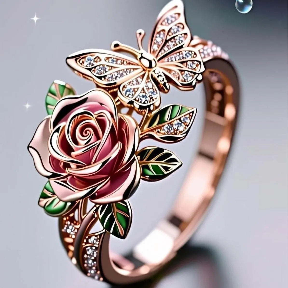 Colourful oil drip finish fairy style alloy ring with butterfly and floral motifs on an adjustable band.