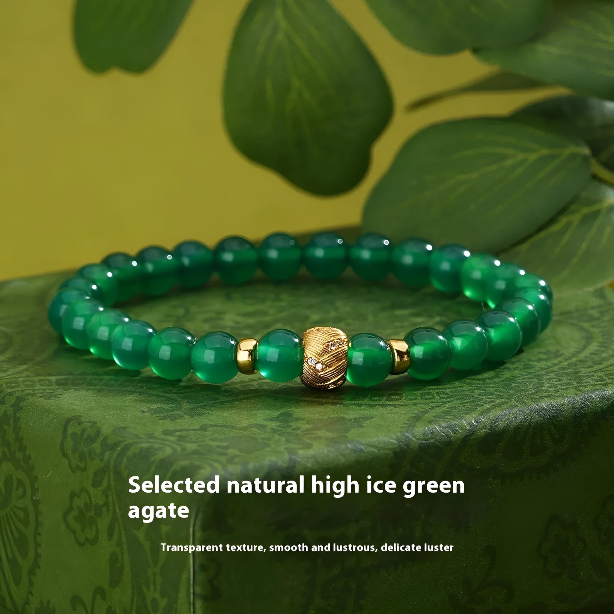 Green agate and sterling silver bracelet with geometric beads and gold electroplated details