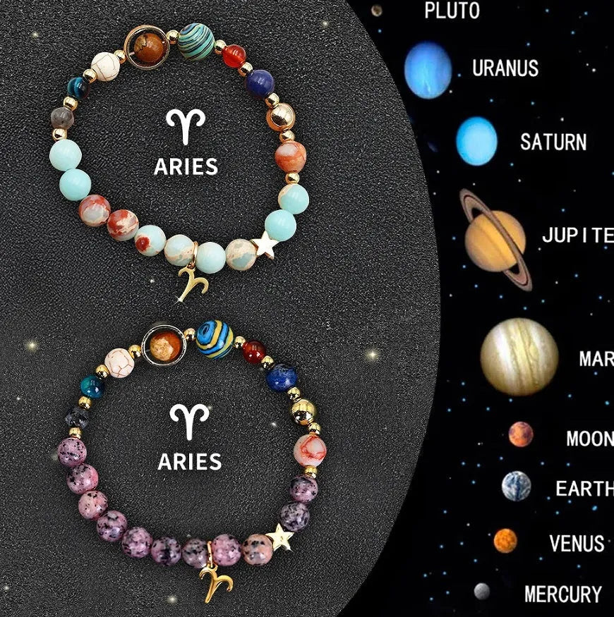 Set of twelve natural stone beaded bracelets, each showing a different zodiac sign design on an elastic cord.