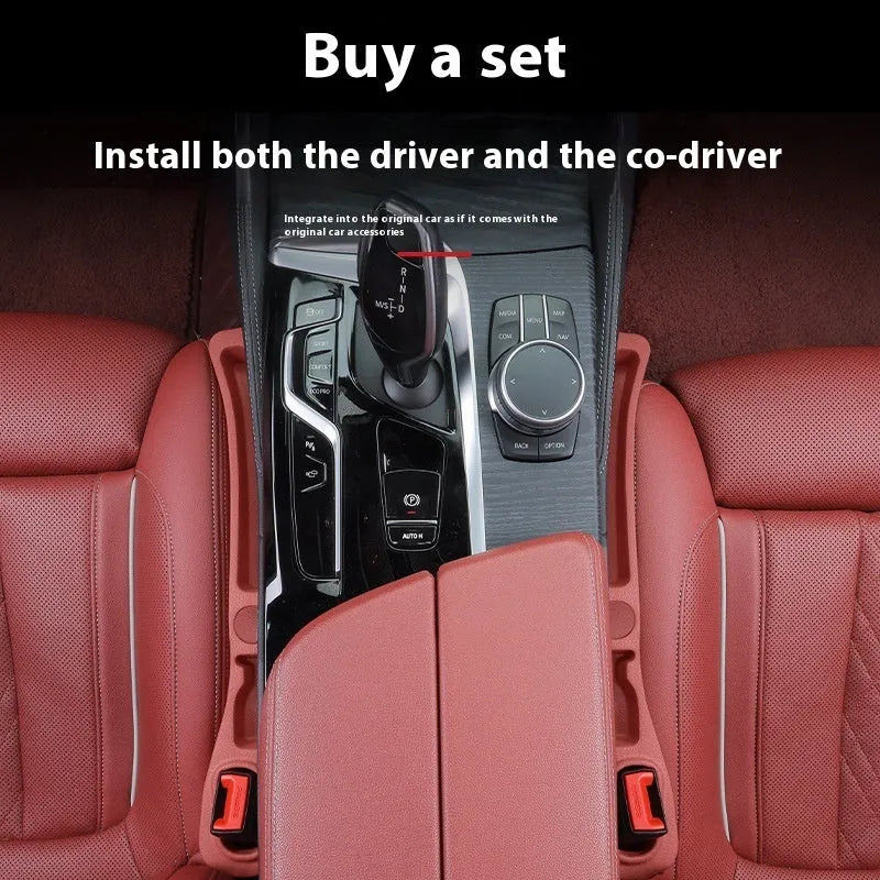 Car seat gap filler storage box with leak-proof plug strips in black, made from EVA, with roller and handle