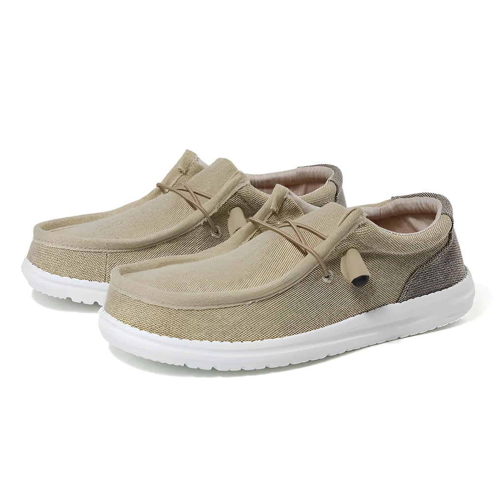 Men's green and orange canvas shoes with round toe and colour splicing detail