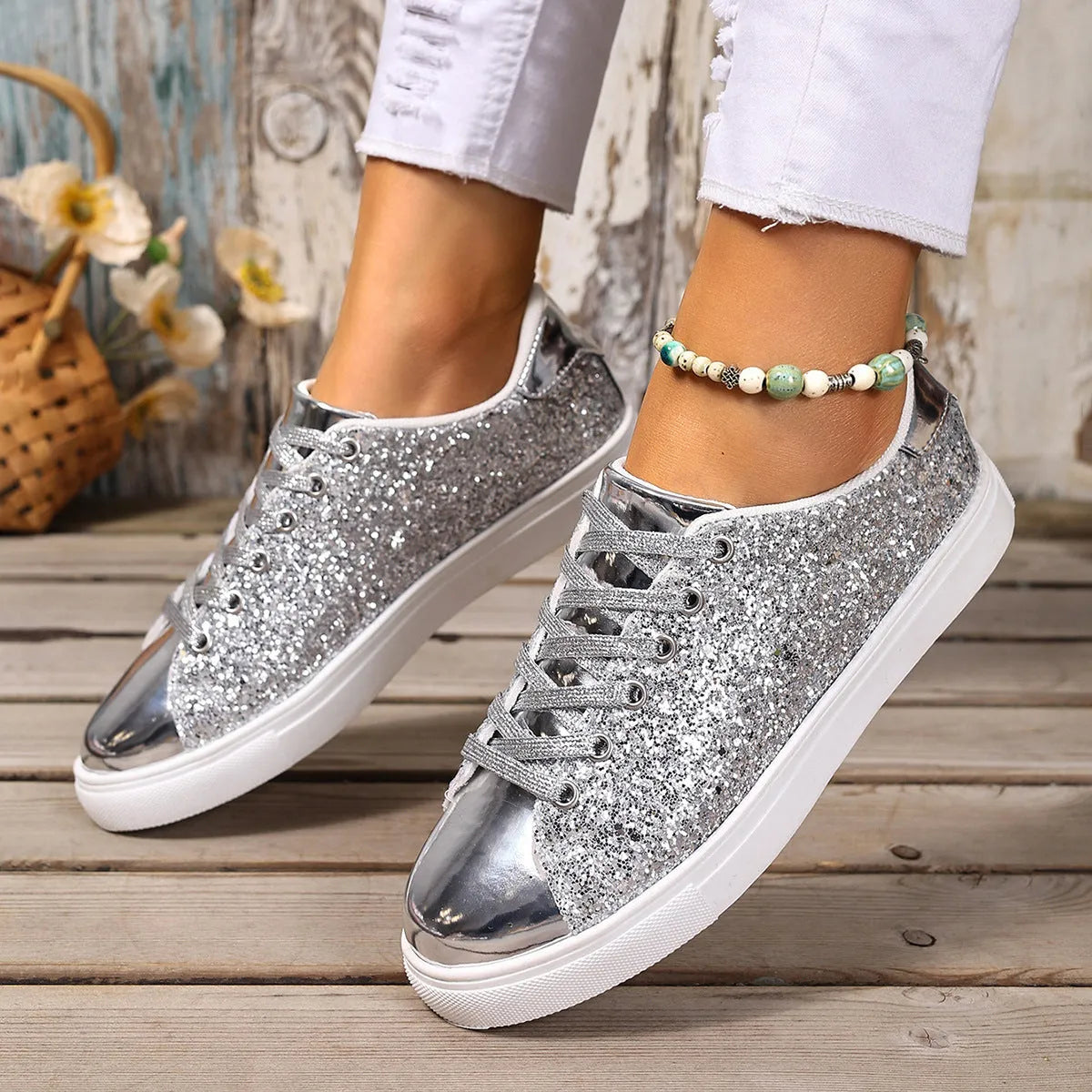 Women's plus size sequinned front lace-up board shoes in artificial leather, shown in black, gold, purple, and silver.