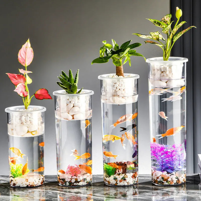 Transparent column fish tank in PET and PP, cylindrical desktop aquarium for micro landscape or living room decoration