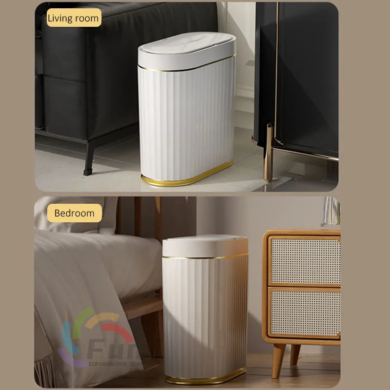 White induction smart trash can with automatic lid on a kitchen floor.